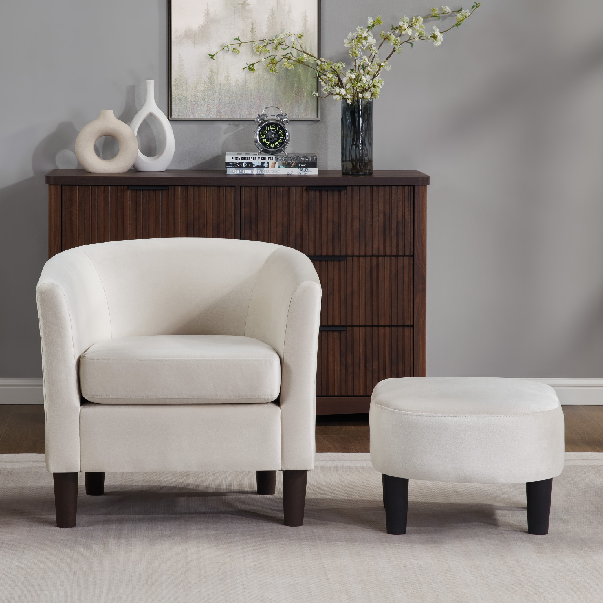 Velvet Accent Chair with Ottoman, Modern Barrel Chair Armchair for Living Room, Bedroom, White